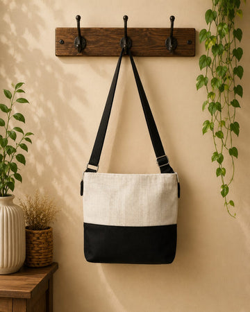 Black & Off-White Colorblock Jute Sling Bag