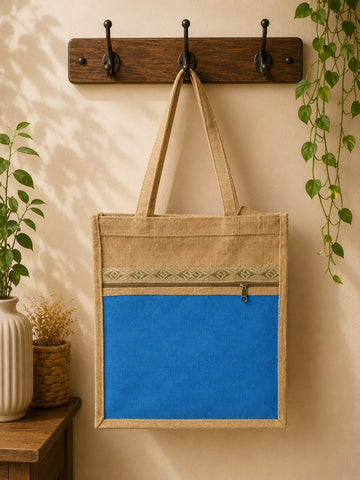 Royal Blue Colorblock Jute Tote Bag