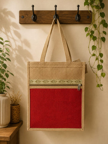 Red Colorblock Jute Tote Bag