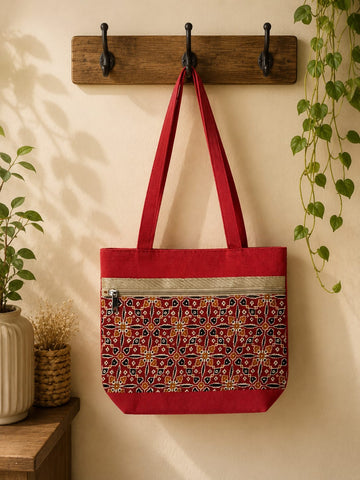 Red Ethnic Motif Jute Tote Bag