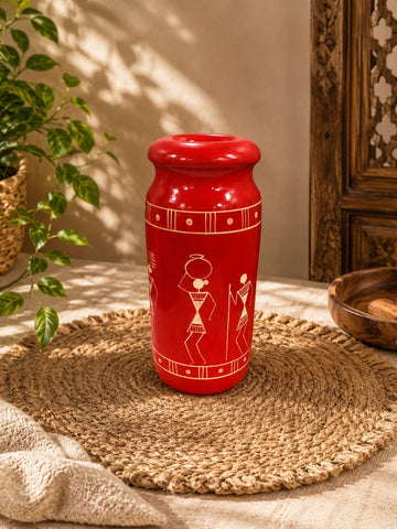 Wooden Hand-Painted Warli Art Vase