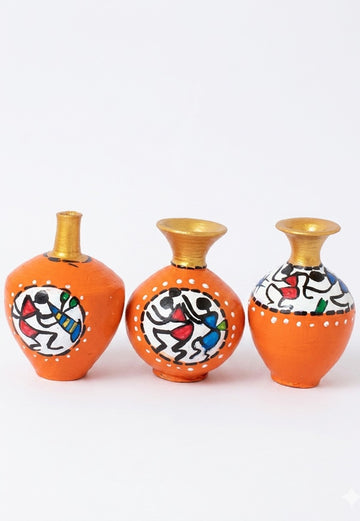 Miniature Pottery Set of 3 - Warli (Orange)