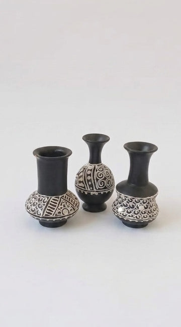 Miniature Pottery Set of 3 - Mandala Art (Black & white)
