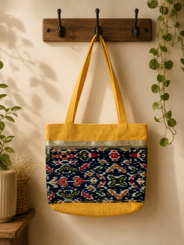Handcrafted Yellow Ikat Jute Tote Bag