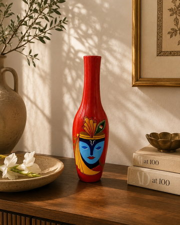 Wooden Hand-Painted Krishna Face Vase