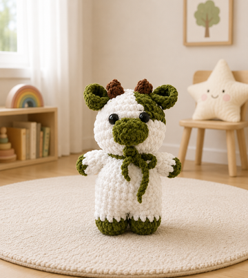 Handcrafted Crochet White and Green Cow