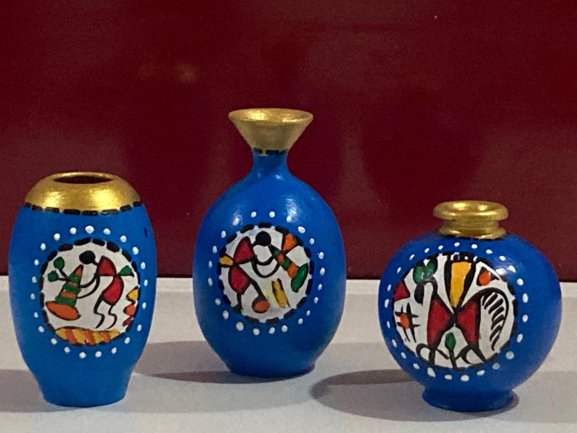 Miniature Pottery Set of 3 - Warli (Blue)