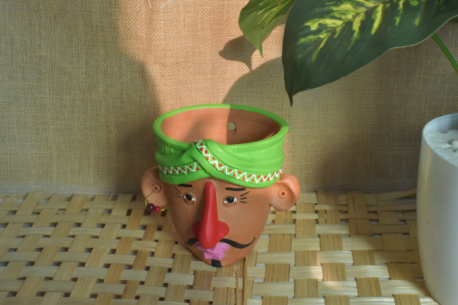 Man Face Planter - Traditional Turban Man Face (Green & Yellow)