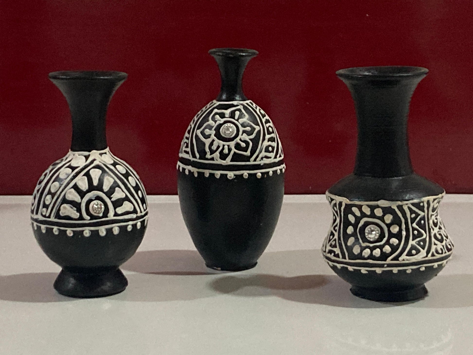 Miniature Pottery Set of 3 - Mandala Art (Black & white)