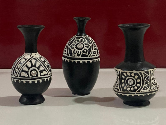 Miniature Pottery Set of 3 - Mandala Art (Black & white)