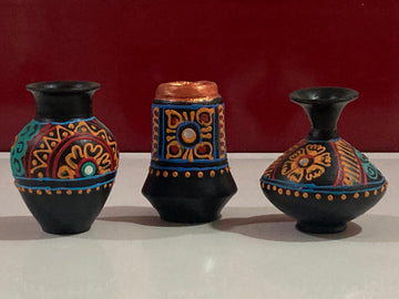 Miniature Pottery Set of 3 - Mandala Art (Black & orange)
