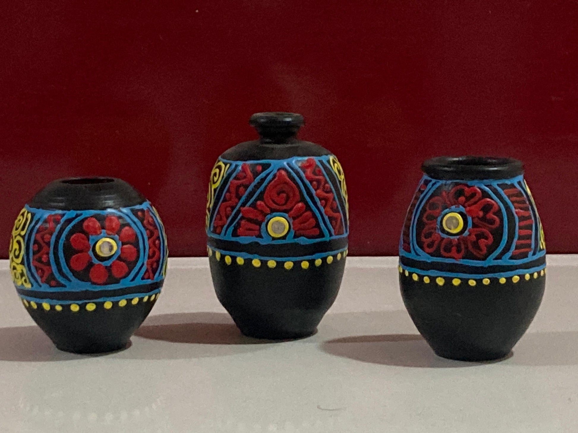 Miniature Pottery Set of 3 - Mandala Art (Black & Yellow)