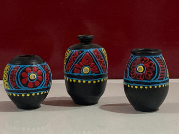 Miniature Pottery Set of 3 - Mandala Art (Black & Yellow)