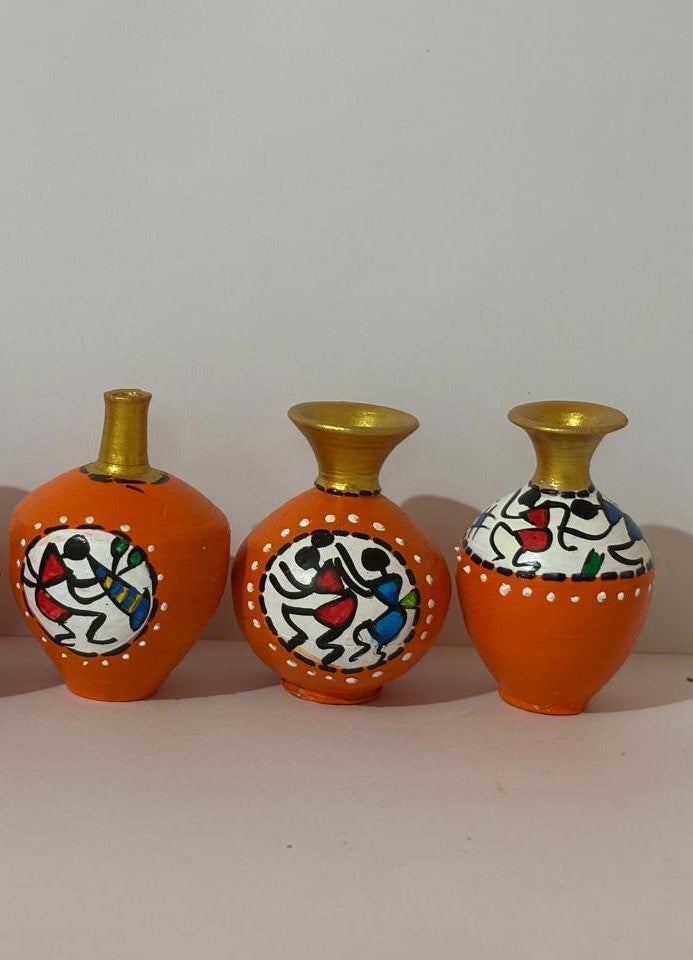 Miniature Pottery Set of 3 - Warli (Orange)