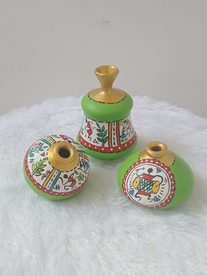 Miniature Pottery Set of 3 - Warli (Green)