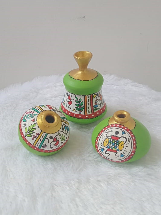 Miniature Pottery Set of 3 - Warli (Green)