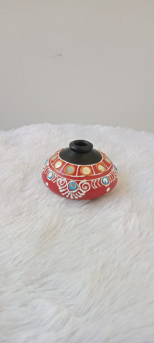 Glass work Pottery - 3 Inch - Glass work with Mandala art (Red & Blue & Yellow)