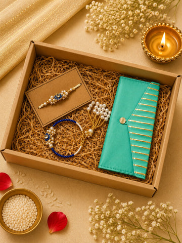 Pearl Bhaiya-Bhabhi Rakhi with Shagun Raw silk Envelope