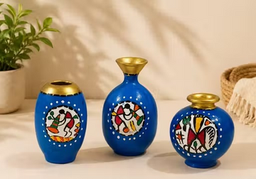 Miniature Pottery Set of 3 - Warli (Blue)