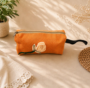 Handcrafted Jute Zipper Pouch with Crochet Flower – Multipurpose Organizer