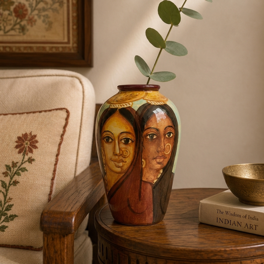 Hand Painted Terracotta Pottery (Rajasthan Inspired Two Lady Faces) 6 inch